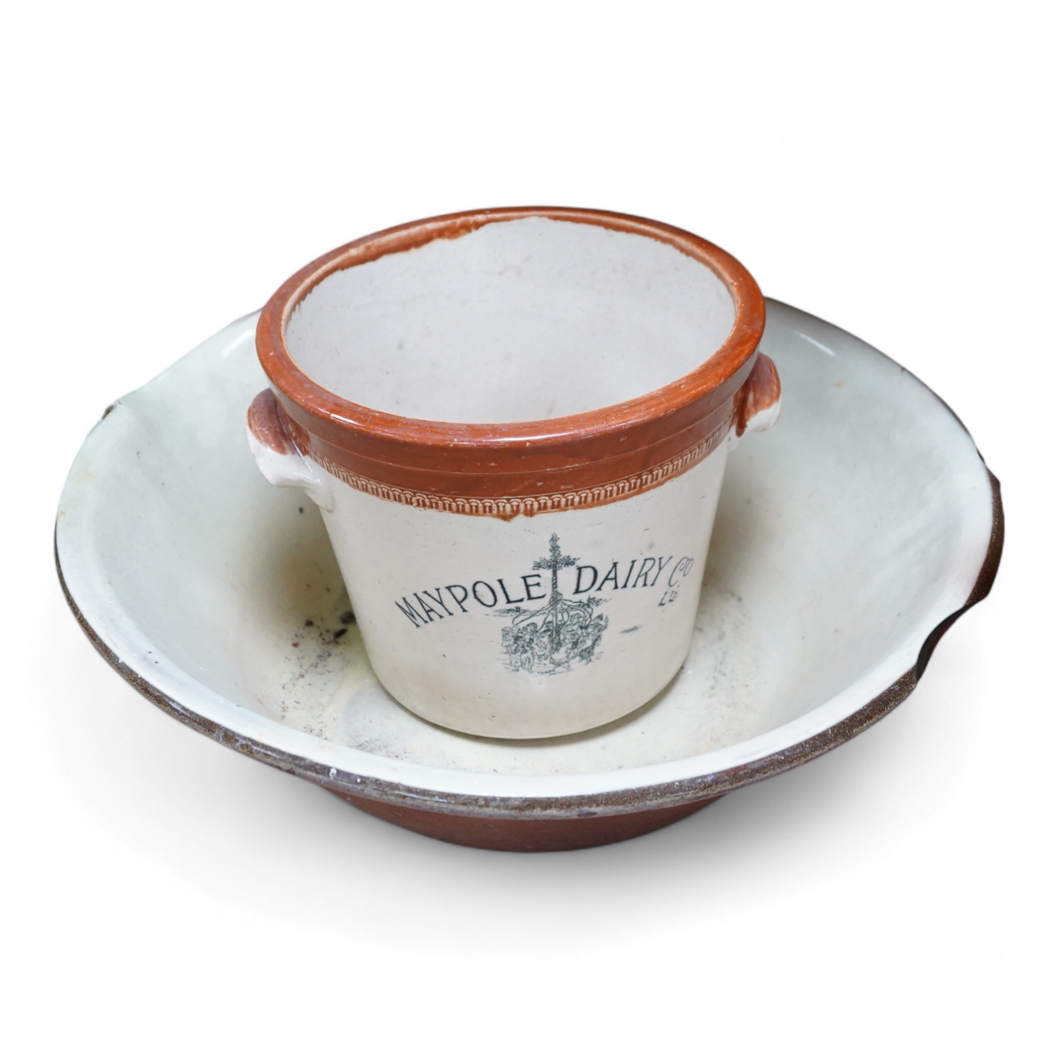A glazed pottery dairy bowl and Maypole Dairy Co. Ltd. cream advertising cream pail, 21cm high (2)